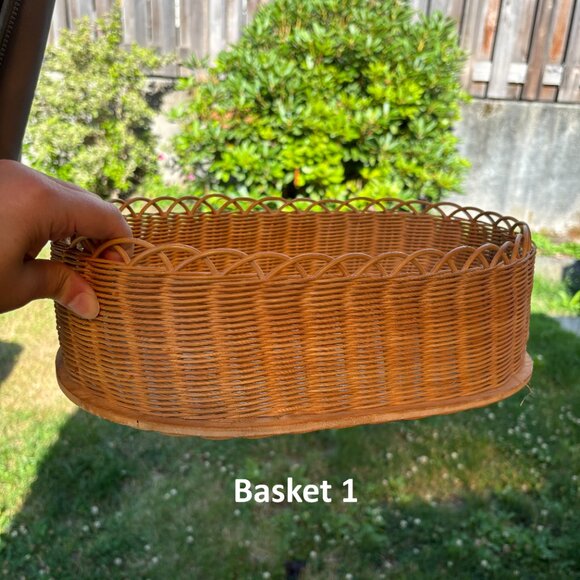 Vintage Wicker Basket Set of 3 Oval Shaped Boho Storage Bins with Wood Bases - Picture 3 of 11